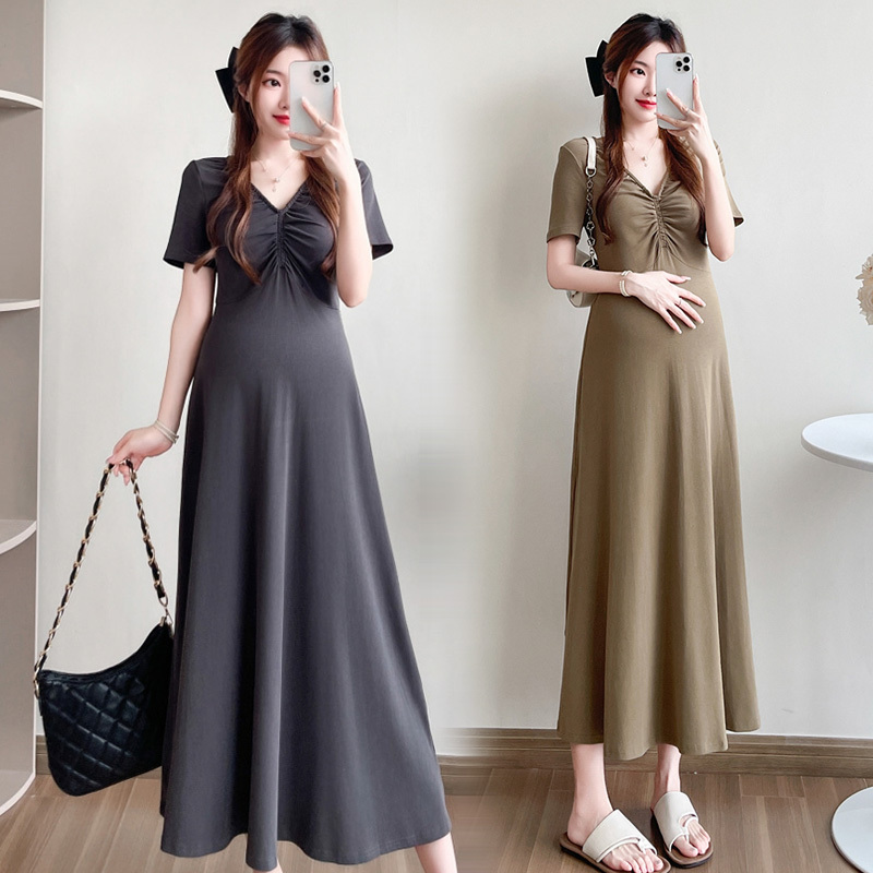 Maternity Summer Dress, Summer Style Pregnancy Clothes, High-End Fashion V-Neck Loose Pure Cotton Long Skirt for Summer