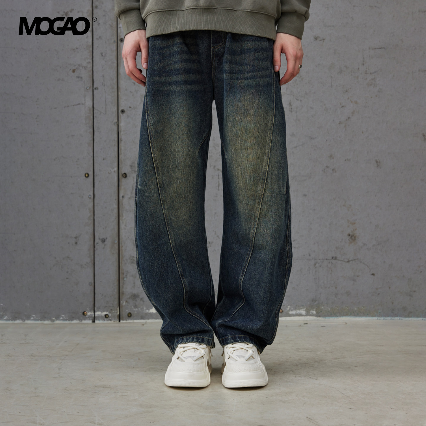 Mogo メンズ 2025 秋 ウォッシュ加工 レトロ ルーズ ストレート レッグ ジーンズ トレンディ ワイド レッグ パンツ