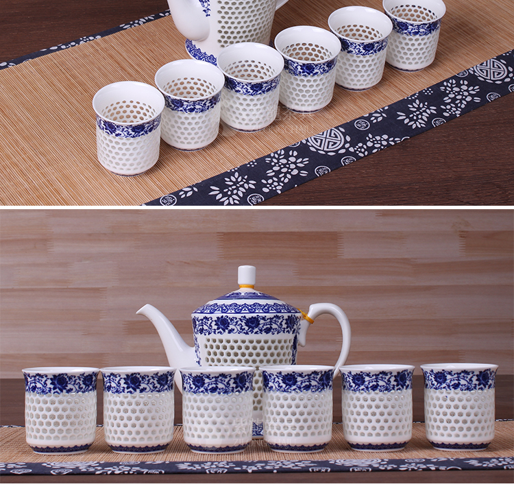 Màu xanh và trắng sứ bộ trà tinh tế tổ ong rỗng đặt gốm kungfu tea set trà cốc chén trà rửa bát