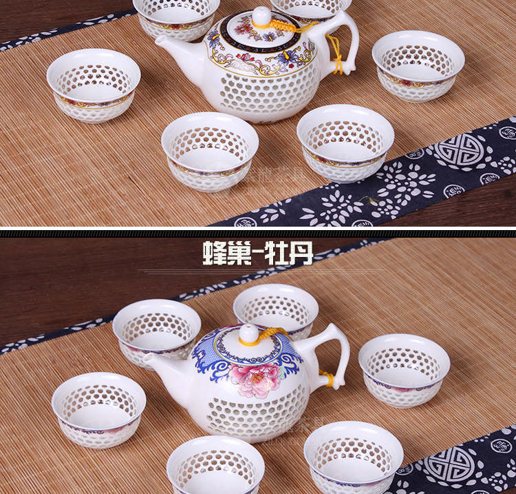 Màu xanh và trắng sứ bộ trà tinh tế tổ ong rỗng đặt gốm kungfu tea set trà cốc chén trà rửa bát