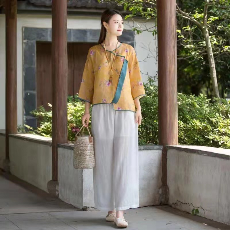 Pure hemp spring and summer long-sleeved solid color trousers suit