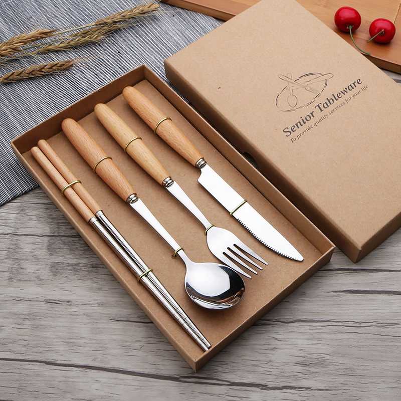Wooden handle tableware set Western steak knife and fork stainless steel chopsticks spoon four-piece gift box gift customization