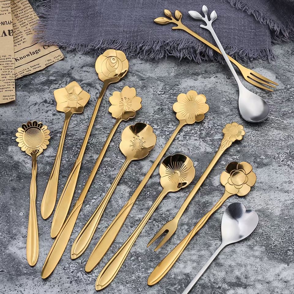 Coffee spoon Stainless Steel Light Extravagant Net Red Gold Rose Gold Cherry Blossom Spoon Sweet Spoons Cake Spoon Ice Cream Spoon Long Handle