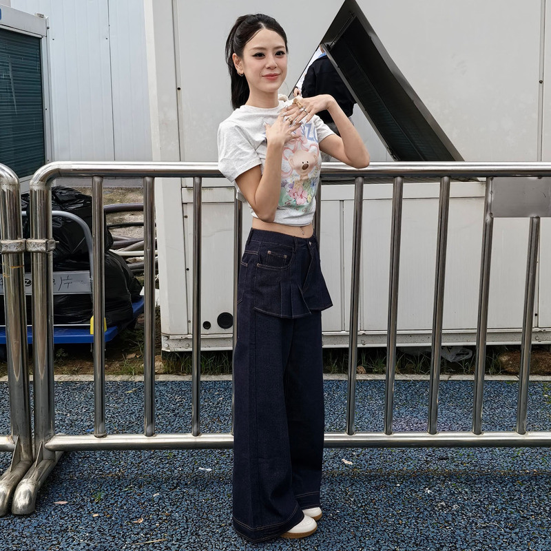 Chengfeng 2026 Jiang Yuchen Style Pleated Skirt Faux Two-Piece Denim Wide-Leg Straight Pants Casual Long Pants for Summer