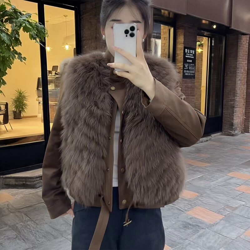 2026 New Model One-Piece Three-Way Wear Fox Fur Vest Suede Biker Jacket Goose down Coat down Jacket Coat for Women