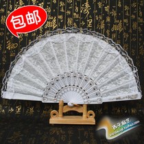 Easy opening and closing double layer seven Chongchun fan female folding fan lace Chinese style dance dance White Rose