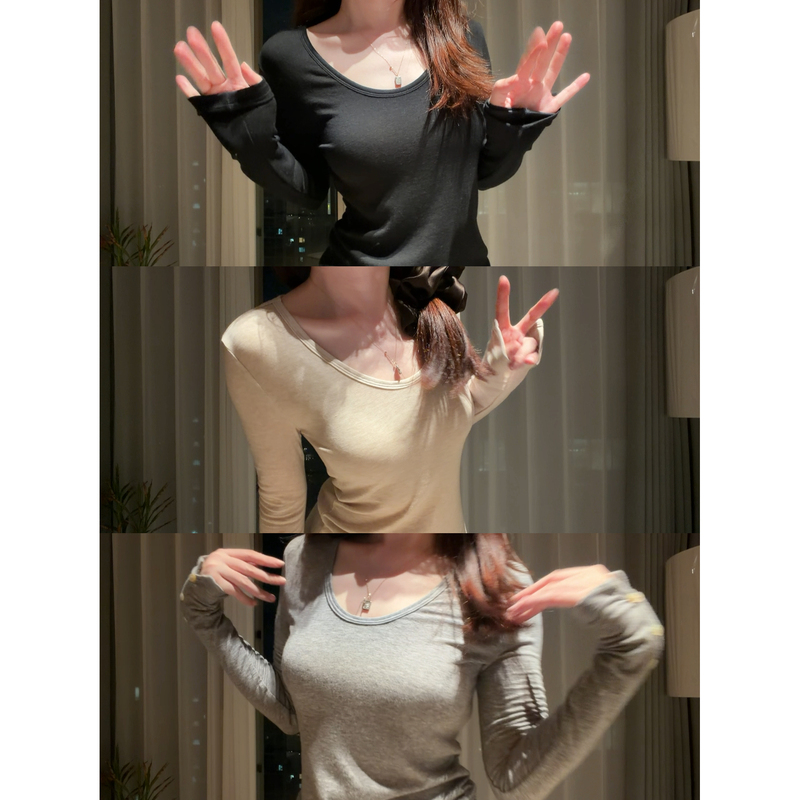 【Water Drop Collar Shell Button Base Layer】Tencel Wool Large Neckline Top Slim Fit Shell Button Long Sleeve Base Shirt