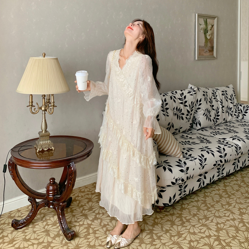 Off-White Lace Spliced Sequin Dress for Women, Perfect for Early Spring, Looks Great at Important Occasions, Unique and Beautiful Long Dress