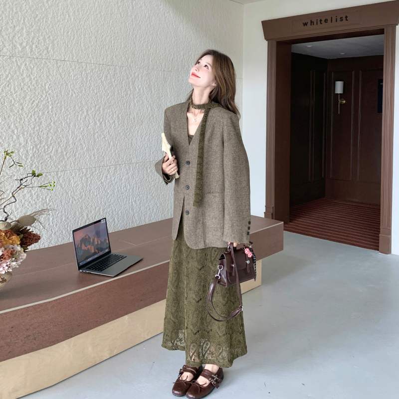 French-Style High-End Ribbon Blazer Lace Camisole Dress Set for Women, Autumn Fashion Elegant Two-Piece Set