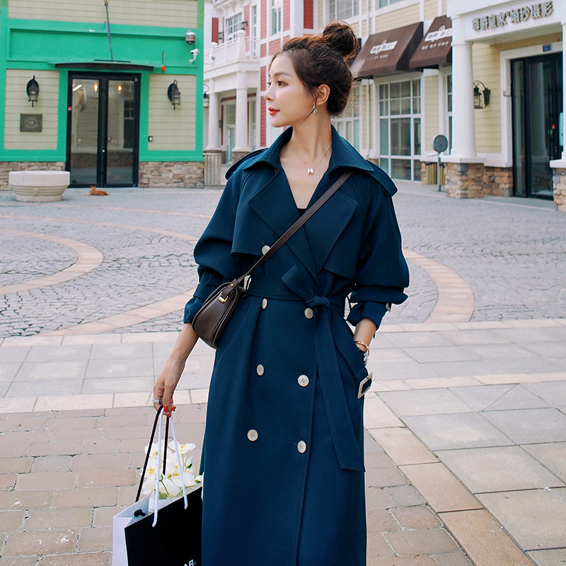 Winewear woman with long version of temperament over knee Inn Wind 2022 new advanced senses spring autumn double-row buttoned coat jacket