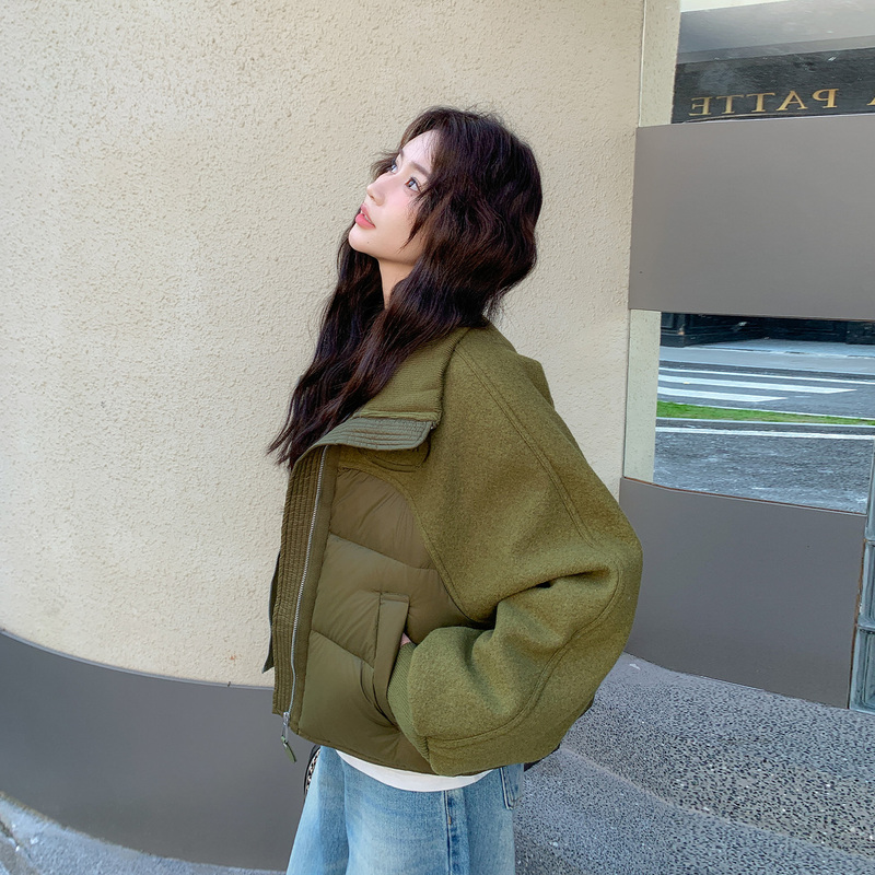 Military Green Design Woolen Patchwork down Jacket for Women, Winter 2026 New Korean Style Casual 90% White Duck down Coat Military Green Design Woolen Patchwork down Jacket for Women, Winter 2026 New Korean Style Casual 90% White Duck down Coat