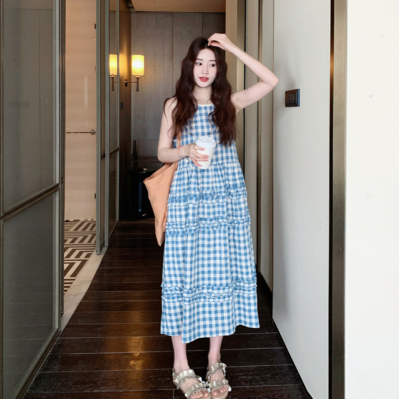 Very Pretty Blue Plaid Sleeveless Dress for Women, Summer, Petite, Super Popular, Age-Reducing, Elegant, Slimming, Vacation Tank Dress