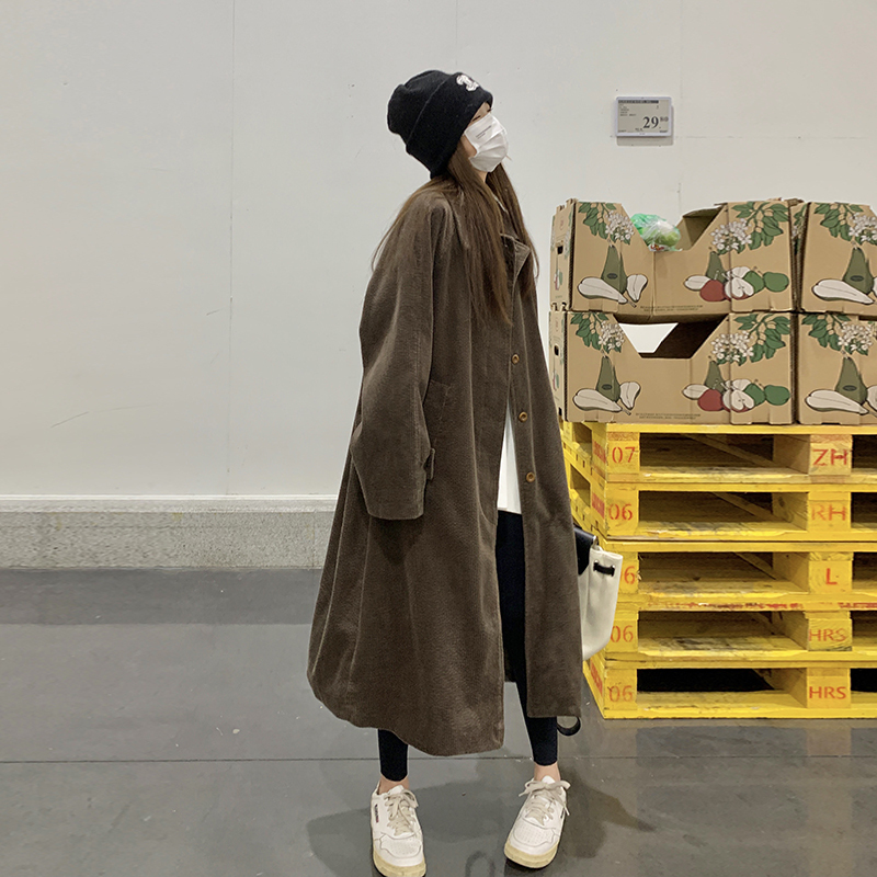Melard Coffee-Colored Corduroy Trench Coat for Women, Spring and Autumn Korean Style, Lazy and Loose, Long Winter Padded Coat, Thick Outerwear