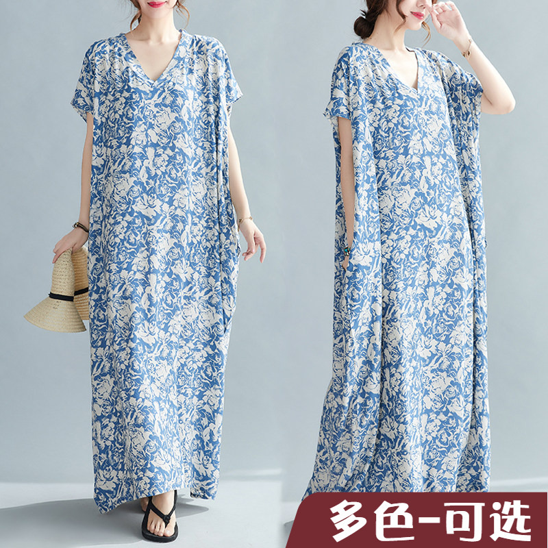 Loose-Fitting Summer New Style Artistic V-Neck Cotton Silk Batwing Sleeve Loose Dress Robe 120kg Foot-Covering Long Skirt Comfortable Loose-Fitting Summer New Style Artistic V-Neck Cotton Silk Batwing Sleeve Loose Dress Robe 120kg Foot-Covering Long Skirt Comfortable