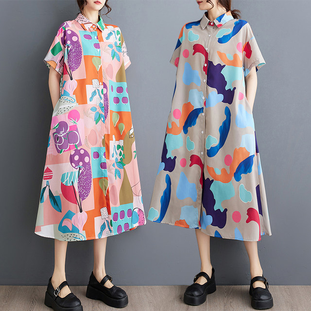 Summer new loose large size printed splicing casual simple sweet short-sleeved dress square collar extended shirt