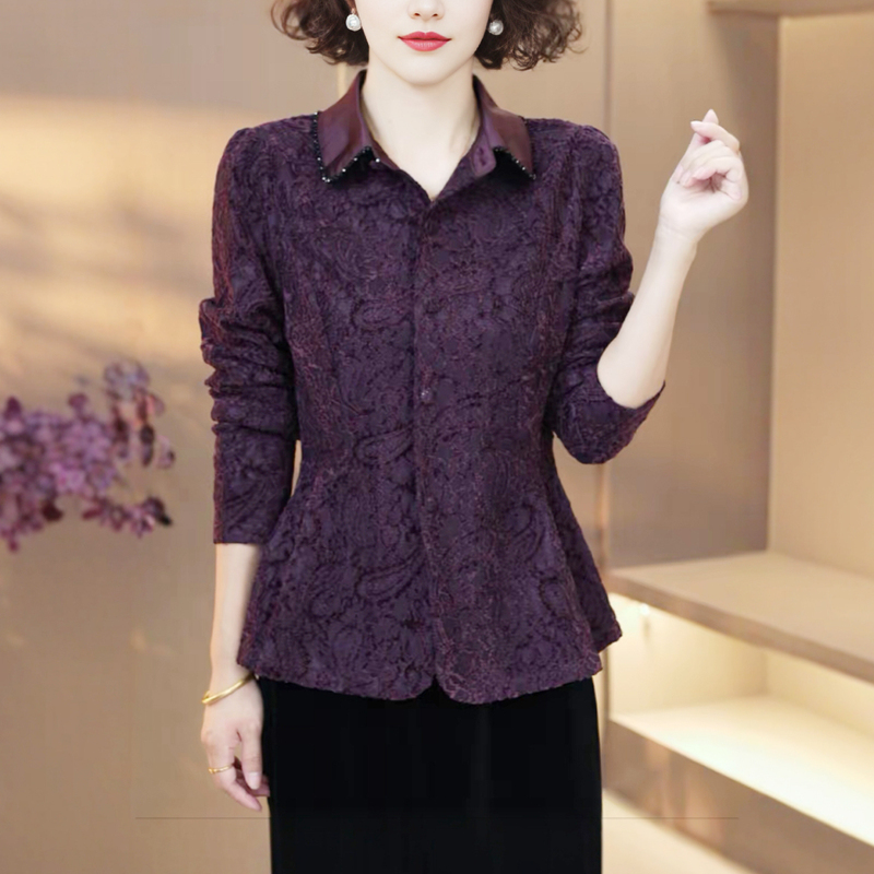 Mother's Clothing Autumn and Winter Shirt with Collar Trim, Beading, Flocking Lace, Long-Sleeved Shirt, Fashionable Women's Stylish T-Shirt Base Shirt