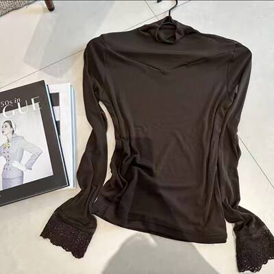 Mom's semi-high neck mesh small pile neck stylish base layer shirt, fashionable women's autumn long-sleeved T-shirt, versatile women's top