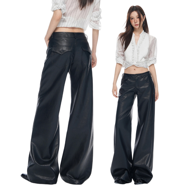High-End Black Low-Waist Leather Pants for Women, Autumn 2026 New Style, Loose Fit, Slimming, Narrow Version Pu Leather Casual Wide-Leg Pants, Trendy