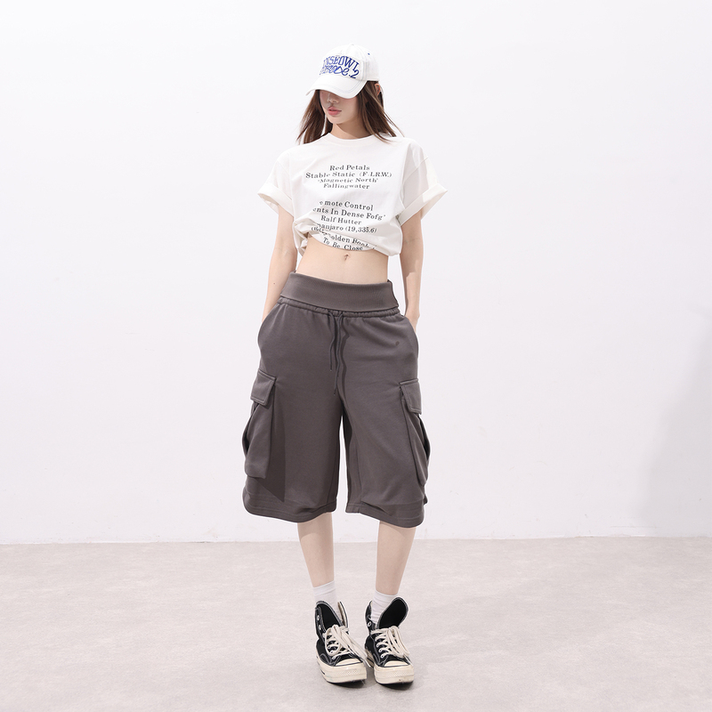 Aig2026 Spring New Korean Style Women's Cropped Pants with Multiple Pockets, Drawstring, Versatile, Slimming, Loose, Casual, Wide-Leg, Trendy