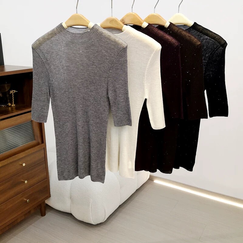 Mist Luxury ~ 100-Count Fine Water-Soluble Merino Wool Sequin Half-High Collar Five-Quarter Sleeve Knit Top Base Layer