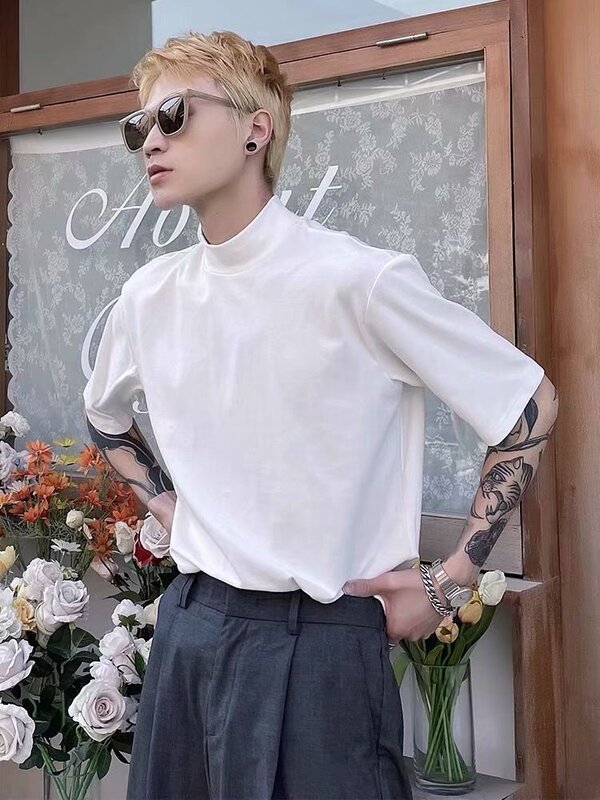 French-Style High-Neck T-Shirt for Trendy Men, Loose-Fitting Short-Sleeve Solid Color Inner Layer, Popular and Stylish Top