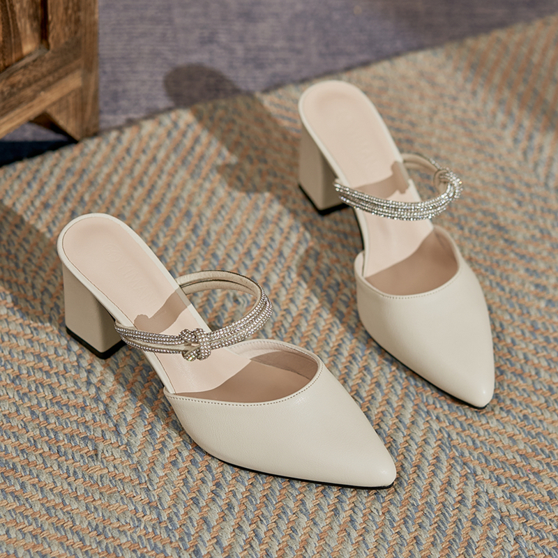 French-Style Closed-Toe Chunky Heel Sandals, Summer High Heels, Large Size, Widened for Wide Feet, Mid-Heel Pointed Toe Sandals, Small Size Women's Shoes