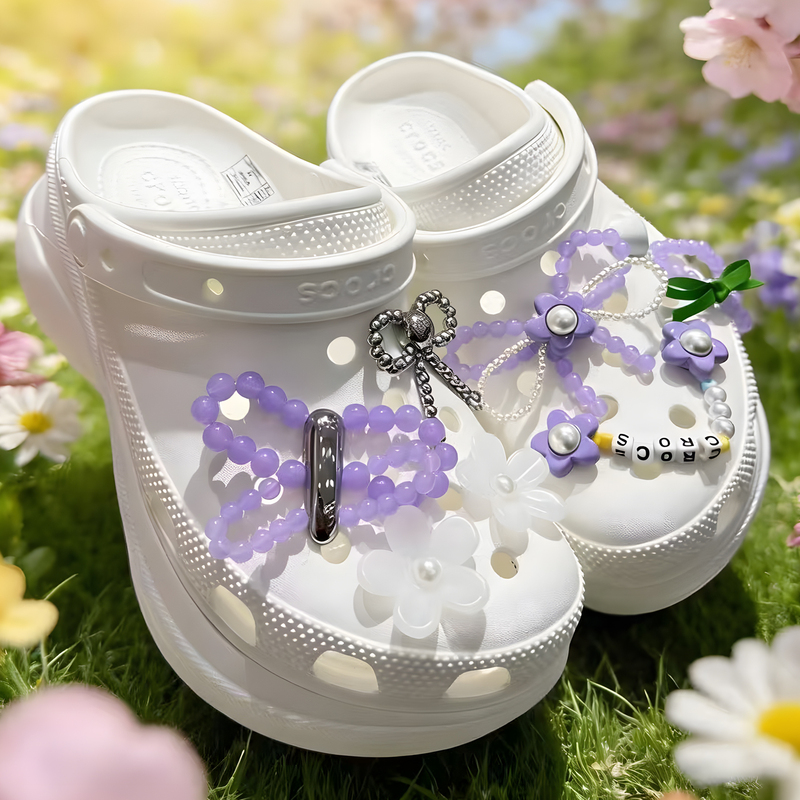 White Deer-Style Shoe Charms Compatible with Crocs Clogs, Purple Pearl Bow Gem Chain Crocs Shoe Clips