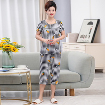 Pajamas women Plaid cartoon cotton sweat-absorbing short-sleeved top Capri pants loose Joker home wear mom dress