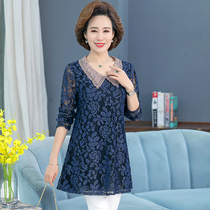 Mom spring top fashion lace base shirt 2021 new women aged 50 years old middle loose T-shirt