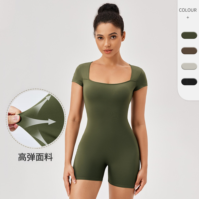 Summer European and American Tight-Fitting Sports Jumpsuit Short-Sleeved Women's Square Collar Nude Training Running Yoga Fitness Jumpsuit Shorts Summer European and American Tight-Fitting Sports Jumpsuit Short-Sleeved Women's Square Collar Nude Training Running Yoga Fitness Jumpsuit Shorts