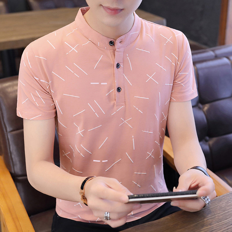 Short sleeve t-shirt male summer 2021 new trends polo shirt boomer pink half sleeve men's stand printed T-shirt