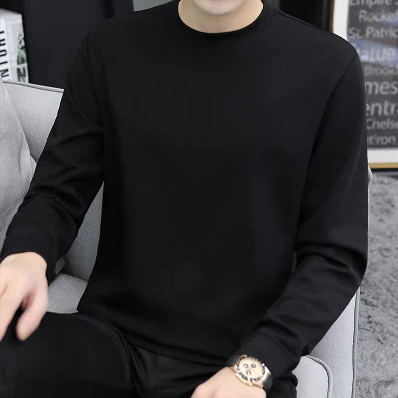 Solid color casual top men 2021 Spring and Autumn New loose trend Joker long sleeve T-shirt casual round neck pullover base shirt