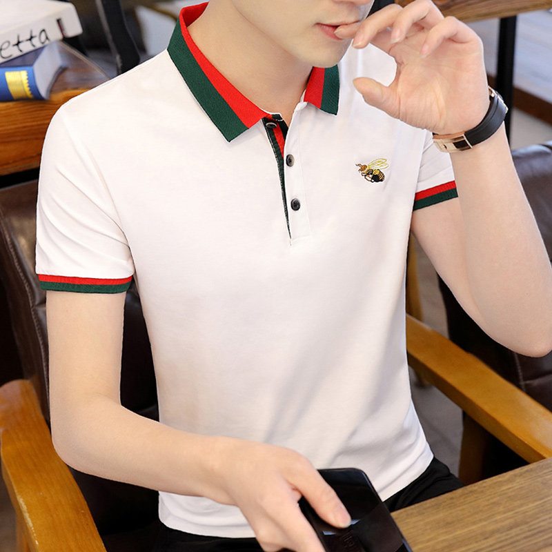 Short-sleeved T-shirt men's summer trend men's lapel Ice Silk bee embroidered T-shirt polo shirt Tide brand ins shirt