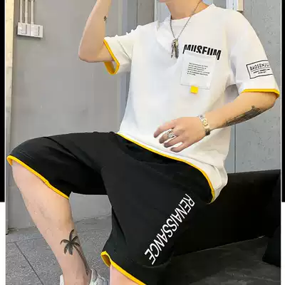 Short-sleeved suit men's 2021 new Korean casual sports trend brand ruffian handsome T-shirt shorts two-piece loose summer clothes