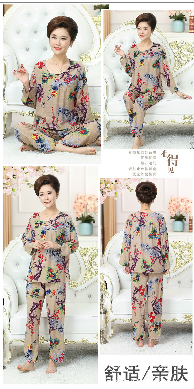 Đồ ngủ trung niên nữ mùa xuân và mùa thu cotton cotton dài tay đồ ngủ mẹ phù hợp với tre bông dịch vụ nhà XL đồ bộ