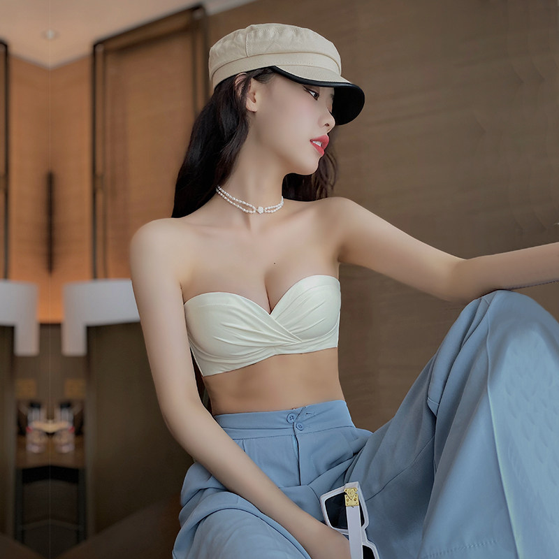 Strapless underwear women's small chest gathered non-slip invisible ladies sexy rimless summer white bra cover suit
