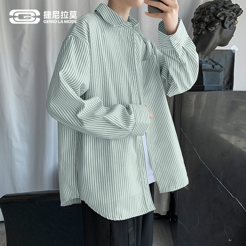 Geniolamode Mint Green Striped Shirt for Men, Winter Japanese Style, Youthful and Lazy Style, Oxford Fabric Shirt