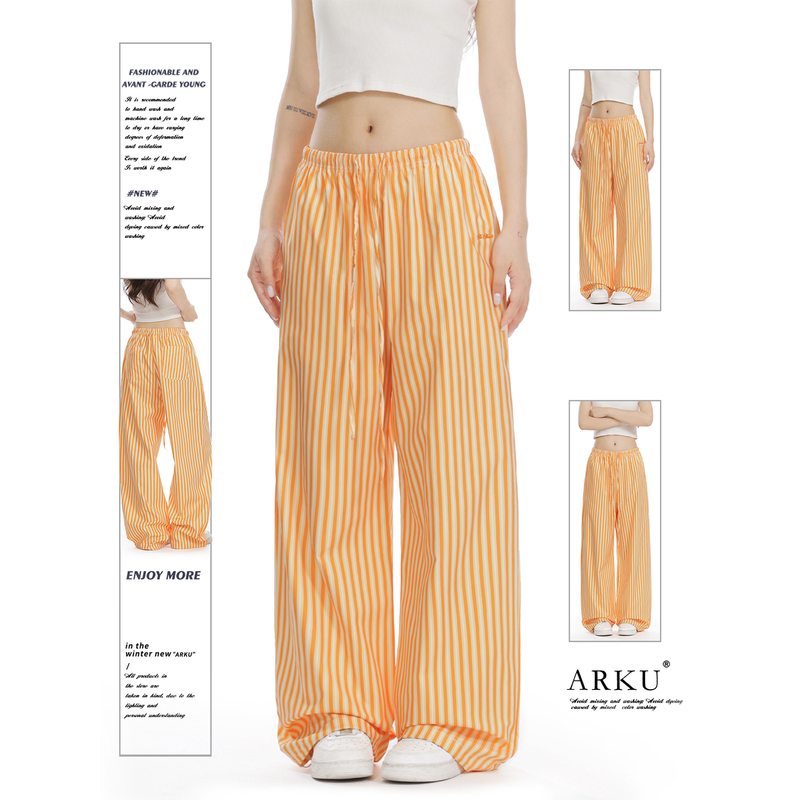 Arku American-Style Dopamine Personality Striped Pants for Women, Loose and Drapey, Slimming Casual Pants, Versatile Wide-Leg Straight Pants