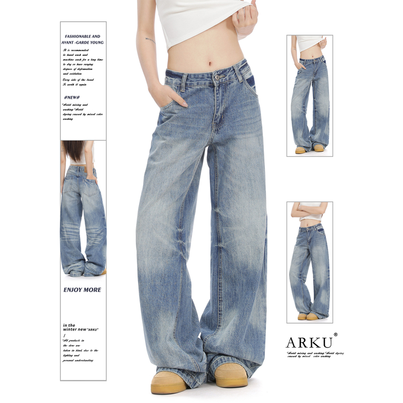 Arku American Retro Washed Vintage Straight-Leg Jeans for Women, Loose Fit, Slimming, Whisker Design, Versatile Long Pants