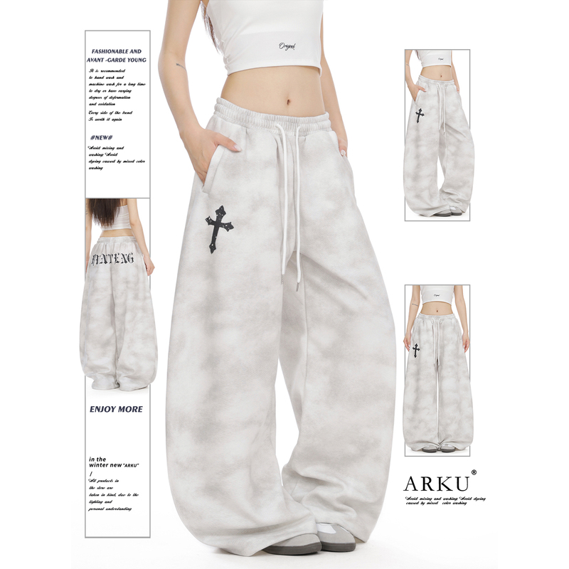 Arku American-Style Cross Print Tie-Dye Sweatpants for Women, Loose Fit, Slimming, Street Dance Wide-Leg Casual Pants