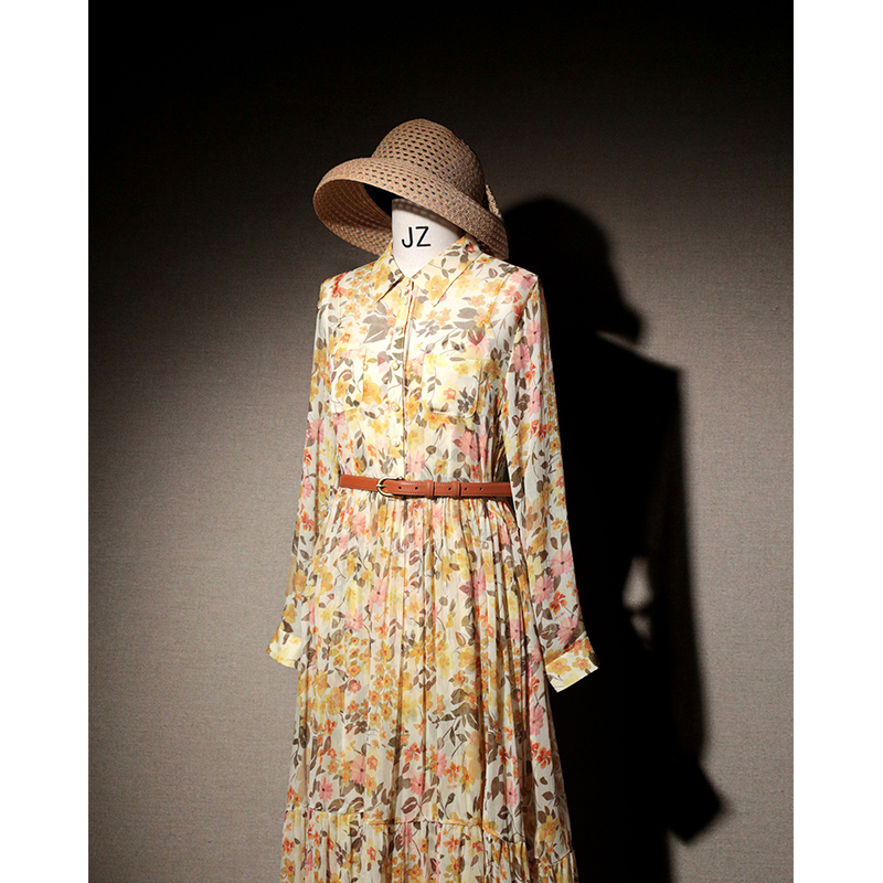 Nz Hepburn Style Waist-Cinching Large Hem French Silk Floral Long-Sleeve Dress Fairy-Like Mulberry Silk Printed Long Dress Nz Hepburn Style Waist-Cinching Large Hem French Silk Floral Long-Sleeve Dress Fairy-Like Mulberry Silk Printed Long Dress
