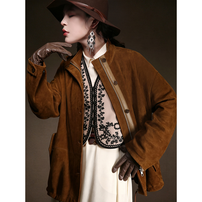 Nz Hepburn Style Loose Silhouette Stand Collar Suede Leather Jacket for Women Imported Fine Mixed Sheep Suede Genuine Leather Jacket Coat