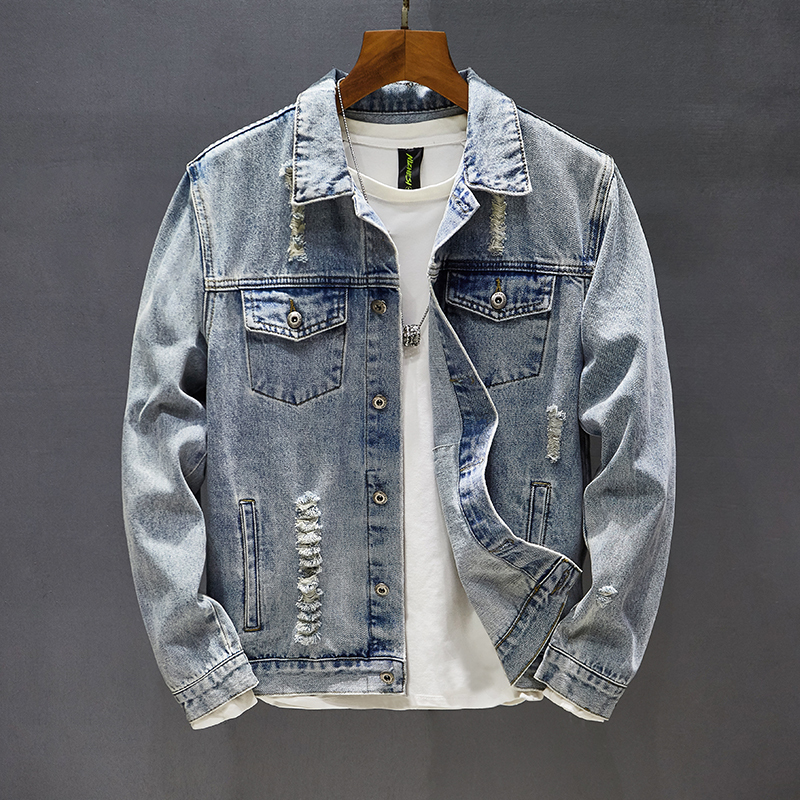 Hong Kong Trendy Brand Angel Wings Embroidered Ripped Denim Jacket Men's Spring and Autumn Retro Light-Colored Slim Fit Jacket Top
