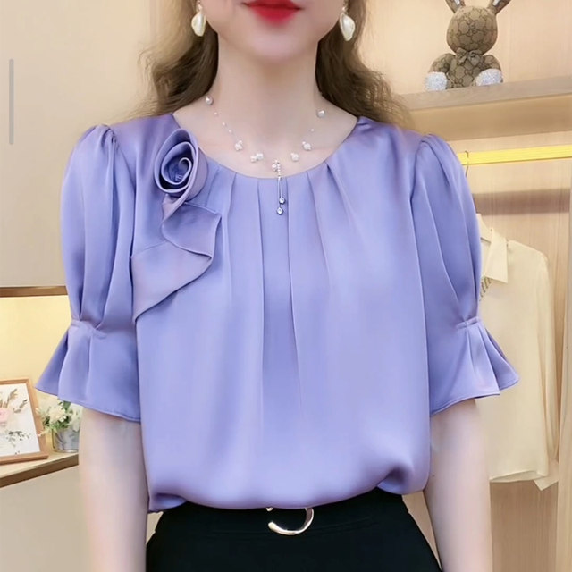 High-end three-dimensional flower pleated short-sleeved shirt women's 2023 summer new acetate satin foreign style shirt top