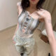 Huayi Shanghai high version 26ss new versatile retro ripple knitted splicing mesh suspender jumpsuit for women