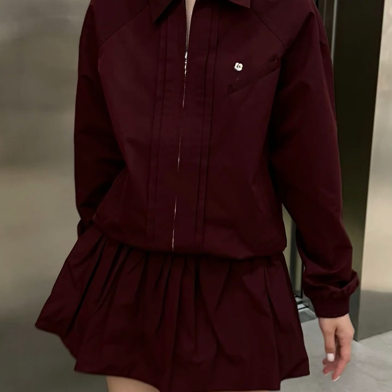 Hua Yi [Shanghai Version] New Lapel Loose Baseball Jacket with Tuck Pleats and Zipper for Women Shushu