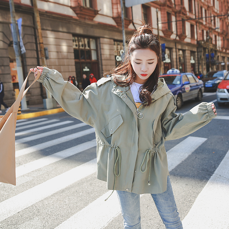Chic đội mũ trùm đầu áo gió mùa xuân mùa thu Hàn Quốc phiên bản eo lỏng phụ nữ áo khoác của ngắn bf giản dị áo nhóm nhỏ