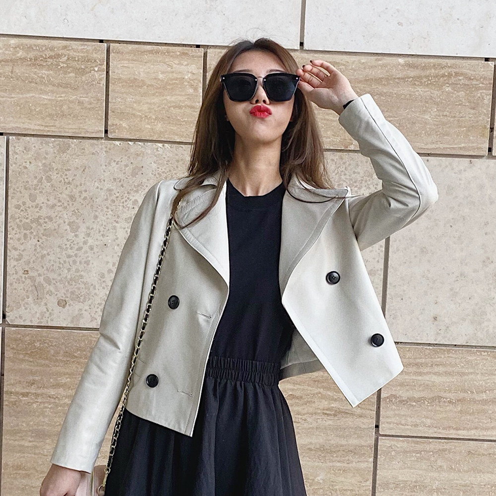Henning Genuine Leather Leather Dress Woman Style Sheep Pissey Furnishing Body Jacket Locomotive Short small jacket Long sleeves Jacket Loose-Taobao
