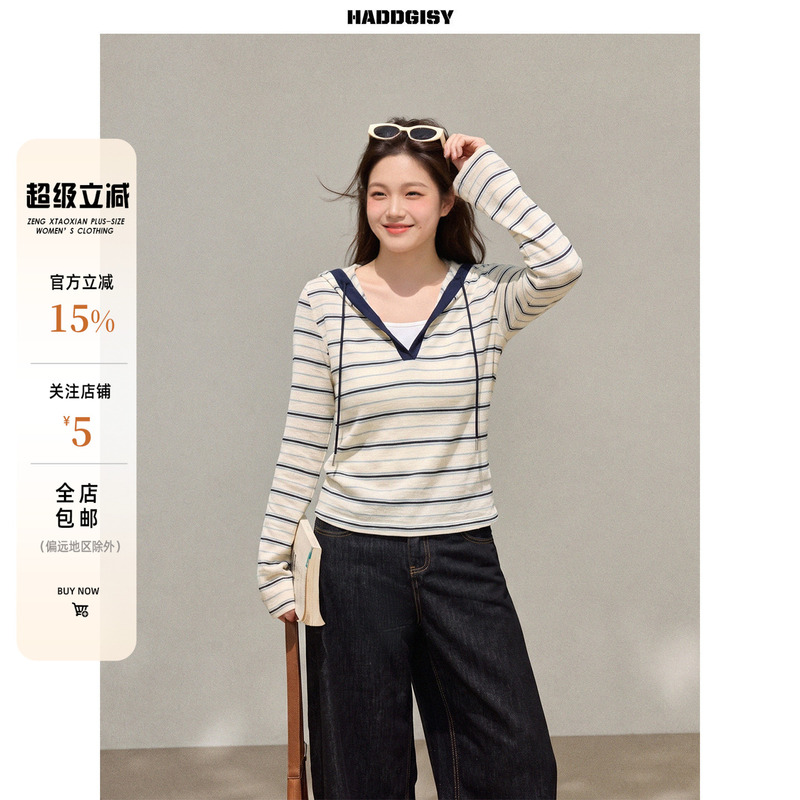 Zeng Xiaoxian Plus-Size Women's Striped Long-Sleeve Hooded T-Shirt, Thin Top for Early Autumn, Slightly Chubby Girls' Outfit with Pants Zeng Xiaoxian Plus-Size Women's Striped Long-Sleeve Hooded T-Shirt, Thin Top for Early Autumn, Slightly Chubby Girls' Outfit with Pants