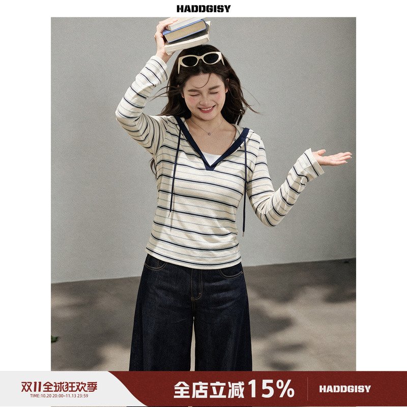 Zeng Xiaoxian Plus-Size Women's Striped Long-Sleeve Hooded T-Shirt Knit Top Early Autumn Slightly Chubby Girl Outfit Pants